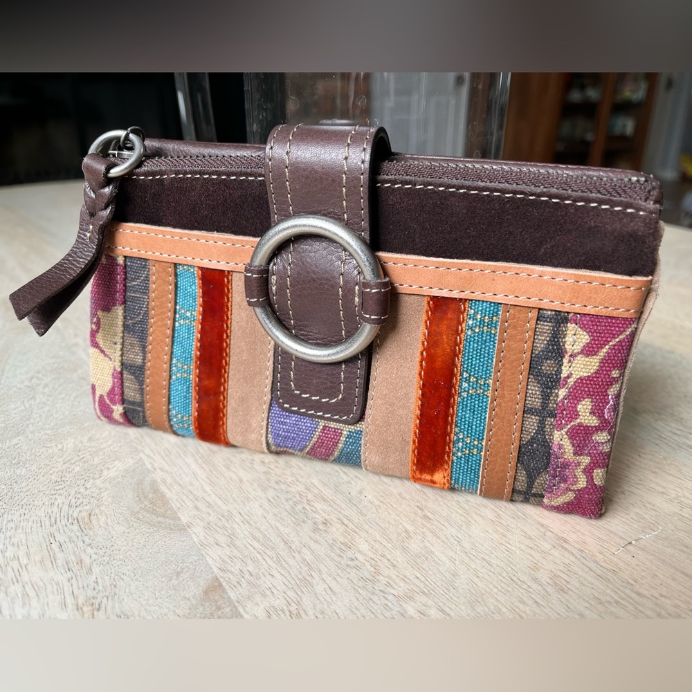 FOSSIL brand patchwork leather wallet, stripe fabric suede velvet, never used